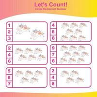 Count and Match Unicorn Game for kids. Unicorn counting game.  Math Worksheet for Preschool. Educational printable math worksheet. Vector illustration.