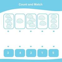 Count and Match worksheet. Counting game. Math Worksheet for children. Matching images with numbers. Educational printable math worksheet. Vector illustration.