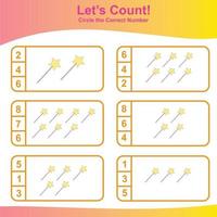 Count and Match Unicorn Game for kids. Unicorn counting game.  Math Worksheet for Preschool. Educational printable math worksheet. Vector illustration.