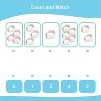 Count and Match worksheet. Counting game. Math Worksheet for children. Matching images with numbers. Educational printable math worksheet. Vector illustration.