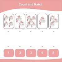 Count and Match worksheet. Counting game. Math Worksheet for children. Matching images with numbers. Educational printable math worksheet. Vector illustration.