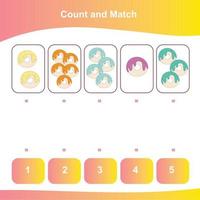 Count and Match worksheet. Counting game. Math Worksheet for children. Matching images with numbers. Educational printable math worksheet. Vector illustration.