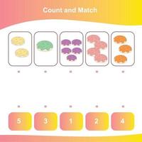 Count and Match worksheet. Counting game. Math Worksheet for children. Matching images with numbers. Educational printable math worksheet. Vector illustration.