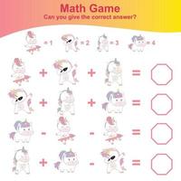 Counting unicorn game for children. Count and write answer activity for kids. Educational printable math worksheet. Vector file.