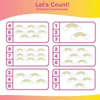 Count and Match Unicorn Game for kids. Unicorn counting game.  Math Worksheet for Preschool. Educational printable math worksheet. Vector illustration.