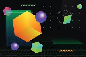 composición decorativa abstracta de formas geométricas. Ilustración de fondo de vector 2d de cubos y bolas isométricos de gradiente líquido brillante en tecnología y estilo futurista