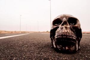 Black skull on road photo