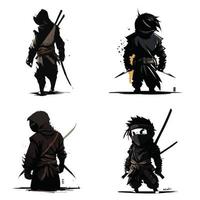 Set of Ninja Cartoon Character Flat Vector Illustration. Ninja Cute Cartoon Character Set with Sword