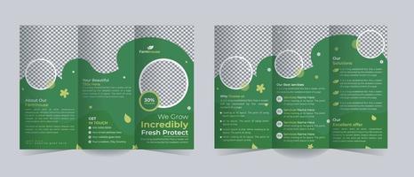 Organic Farm Tri Fold brochure template or agriculture farming brochure template vector layout, Green Environment flyer template design organic farm product trifold brochure template