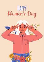 8 march, International Women's Day. Greeting card or postcard templates with young woman for card, poster, flyer. Girl power, feminism, sisterhood concept. vector