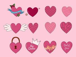 Hand drawn set of hearts for Valentine day. Design elements for posters, greeting cards, banners and invitations. vector