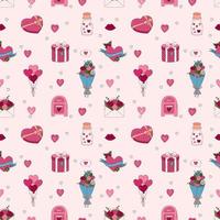 Valentine's Day Hand drawn seamless pattern. Letter, heart, flower, gift box, chocolate box and other elements. vector