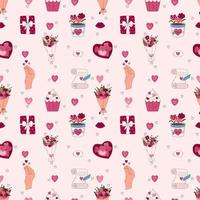 Valentine's Day Hand drawn seamless pattern. Letter, heart, cupcake, mug, puzzle and other elements. vector