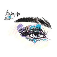 Beautiful blue heart makeup, long eyelashes, love for makeup, fashion vector