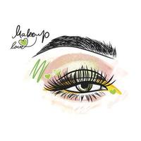 Fresh makeup with green color, festive mood, long eyelashes, love for makeup vector