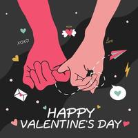 Happy Valentine's Day, holiday card on a dark background, contour hands of lovers, cute stickers vector