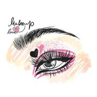 Delicate makeup in pink tones, festive mood, long eyelashes, love for makeup vector