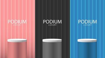 Set of pink, black, blue and white realistic 3d cylinder stand podium collection design for studio room minimal wall scene products showcase promotion display vector