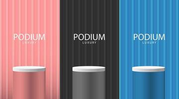 Set of pink, black, blue and white realistic 3d cylinder stand podium collection design for studio room minimal wall scene products showcase promotion display vector