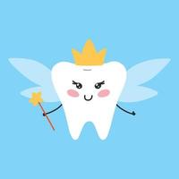 Tooth Fairy. Vector illustration. Tooth fairy in the form of a tooth. Tooth character in kawaii style. Flat cartoon style.