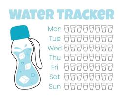 Water tracker vector template. . drinking water checklist. Water tracker with cool water bottle. vector illustration. Doodle style.