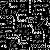 Text love, script cute doodle hand drawn seamless pattern on black background. Vector illustration