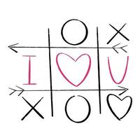 Tic tac toe doodle game with cross and circle sign, cute heart mark isolated on white background. . Vector illustration