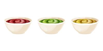 Set ceramic bowl with dip sauces in cartoon style, tomato, mustard, guacamole isolated on white background. Vector illustration