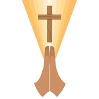 Two hand is praying with Christian cross and light. Concept of religion. Vector illustraiton.