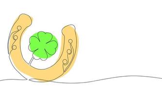 Horseshoe with shamrock. Line art illustration with color. Outline, one continuous vector illustration. St. Patrick's Day. 17 March. Good luck.