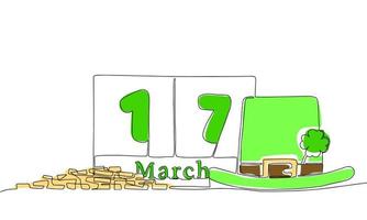 17 March calendar with hat and coins. Line art illustration with color. Outline, one continuous vector illustration. St. Patrick's Day. 17 March. Good luck.