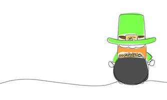 Leprechaun and cauldron with coins. Line art with color, one continuous line. Outline. Saint Patrick's Day. Vector illustraiton.