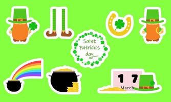 establecer pegatina para st. día de San Patricio. duende, pierna, herradura, trébol, arco iris, caldero con monedas, calendario, sombrero. ilustración vectorial, vector