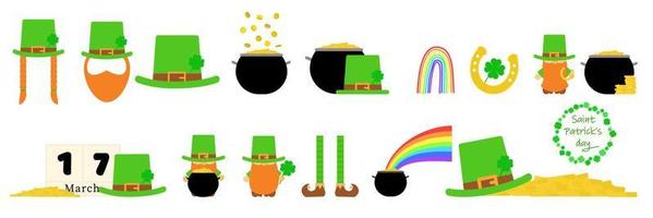 Set of Patrick's Day isolated elements. Leprechaun, leg, horseshoe, shamrock, rainbow, cauldron with coins, calendar, hat. Vector illustration.