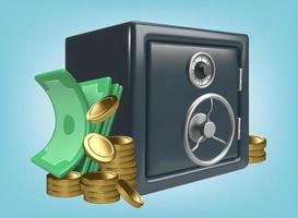 Realistic safe and money. 3d vector render of dollars and gold coins