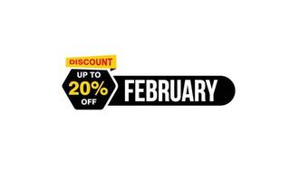 Oferta de descuento del 20 por ciento de febrero, liquidación, diseño de banner de promoción con estilo de etiqueta. vector