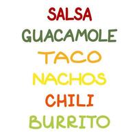 Letras de menú mexicano con nombres de comida tradicional guacamole, salsa, taco, nachos, chili, burrito. ilustración vectorial vector