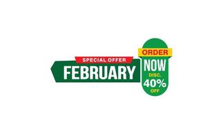 Oferta de descuento del 40 por ciento de febrero, liquidación, diseño de banner de promoción con estilo de etiqueta. vector