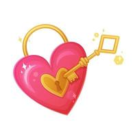Pink heart shaped lock and golden key. Valentine day, romantic feelings, wedding symbol concept. Stock vector illustration isolated on white background.