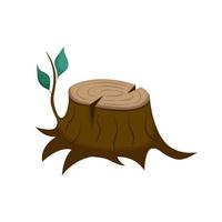 Wooden stump with rings and a branch with leaves. Vector illustration isolated on white background. Cartoon.