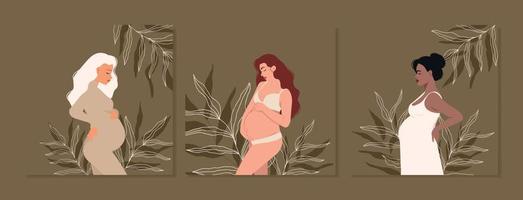 Set of illustrations of pregnant young girls in modern earthy colours of different nationalities and in different poses. Vector template