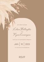 Boho wedding invitation template on a brown, sandy background with pampas. Vector banner, poster, template