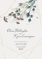 Rustic wedding invitation with flowers, foliage and dried flowers. Vector template