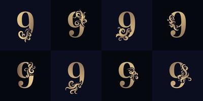 logotipo de la colección número 9 con diseño de adorno de lujo vector