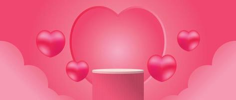 vector de concepto de feliz día de san valentín. composición 3d abstracta decorada con podio geométrico y fondo de corazones de color rosa rojo brillante. diseño para banner, maqueta, presentación de productos, anuncios, marketing.