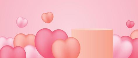 Happy Valentine's Day concept vector. Abstract 3d composition decorate with geometric podium and glossy sweet hearts background. Design for banner, mock up, product presentation, ads, marketing. vector