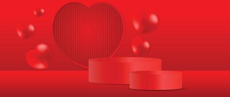 Happy Valentine's Day concept vector. Abstract 3d composition decorate with geometric podium and glossy red hearts background. Design for banner, mock up, product presentation, ads, marketing. vector