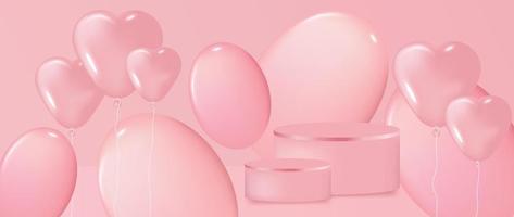 Happy Valentine's Day concept vector. Abstract 3d composition decorate with podium and glossy sweet pink heart balloons background. Design for banner, mock up, product presentation, ads, marketing. vector