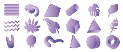 conjunto de vectores de formas geométricas 3d. diseño de arte pop retro holográfico de color púrpura de icono geométrico realista, triángulo, cuadrado, círculo, hoja, forma de gusano. diseño para plantilla de logotipo, banner, decoración.