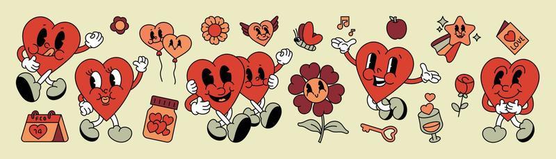 70s groovy doodle element vector set. Cute comic retro hippie collection of playful hearts, flowers, key, balloon, calendar, apple, butterfly. Design for valentine card, decorative, sticker, print.